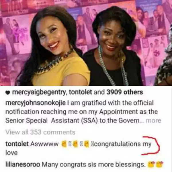 Tonto Dikeh Congratulates Mercy Johnson On Her Appointment